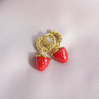 Mini Red Porcelain Strawberry Hoop Earrings