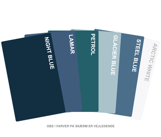 Farveprøver Blå nuancer – laminat:
Night Blue
Lamar
Glacier Blue
Steel Blue
Petrol
Arctic White

Spisebord, sofabord, skrivebord, rundt spisebord med udtræk