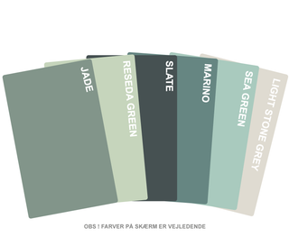 Farveprøver Grønne nuancer – laminat:
Reseda
Jade
Slate
Marino
Sea Green
Light Stone Grey
Spisebord, sofabord, skrivebord, rundt spisebord med udtræk