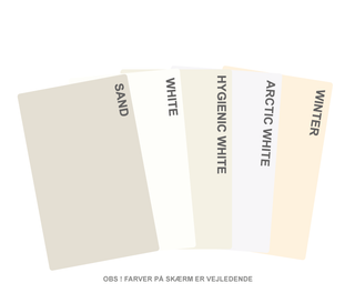 Farveprøver hvide nuancer – laminat:
Sand
White
Hygienic White
Arctic White
Winter

Spisebord, sofabord, skrivebord, rundt spisebord med udtræk