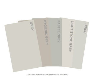 Farveprøver lysegrå nuancer – laminat:
Grey
Hygienic Grey
Pastel Grey
Light Stone Grey
Birch
Spisebord, sofabord, skrivebord, rundt spisebord med udtræk