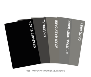 Farveprøver mørkegrå nuancer - laminat:
Graphite black
Charcoal
Neutral Grey Dark
Warm Grey Dark
Dark Grey
Spisebord, sofabord, skrivebord, rundt spisebord med udtræk