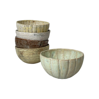 Runde skåle med tekstur i 5 forskellige farver set samlet