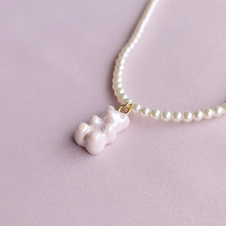 Poporcelain - Sweet Pink Porcelain Gummy Bear Swarovski Pearl Necklace