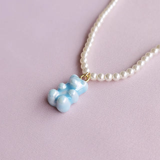 Poporcelain - Baby Blue Porcelain Gummy Bear Swarovski Pearl Necklace