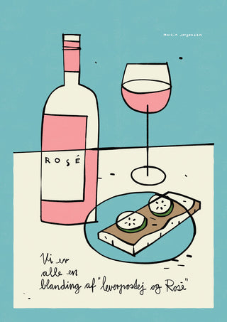 en smuk blå baggrund viser den en flaske rosé, et fyldt glas og en appetitlig tallerken leverpostej med agurker - plakat af martin jørgensen