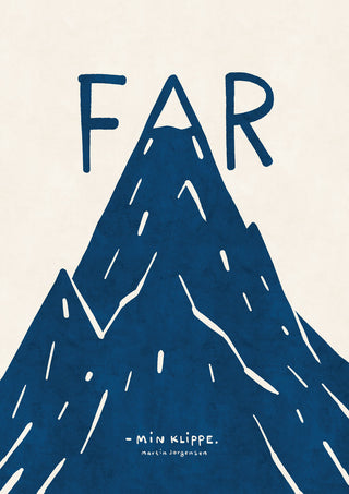 En smukt designet plakat af martin jørgensen med teksten "FAR" hvor toppen af en dramatisk klippe udgør det ikoniske A